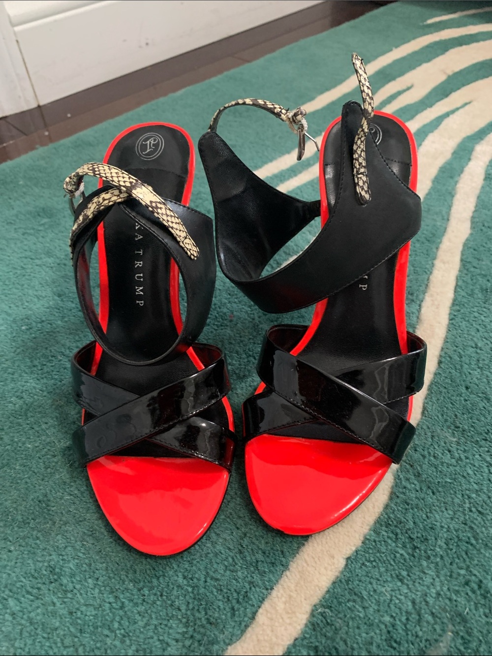 Ivanka Trump Black patent leather   Sandals with Red Insoles and Snake-Print